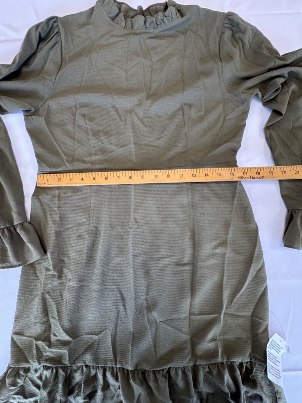ASOS Olive Green High Neck Long Sleeve Mini Ruffle Dress Size 12 - Picture 7 of 11